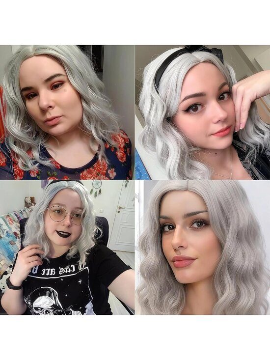 Women Silver Heat Resistant Wavy Curly Cosplay Halloween Bob Party Wig main image 4